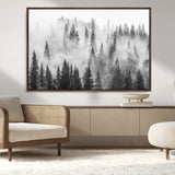 10422-MGV-CV-36X24-Misty Pine Forest Wall Art – Black and White Foggy Landscape Canvas Print, Serene Nature Woodland Decor for Bedroom, Office or