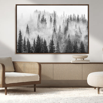 10422-MGV-CV-36X24-Misty Pine Forest Wall Art – Black and White Foggy Landscape Canvas Print, Serene Nature Woodland Decor for Bedroom, Office or