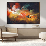 45085-MGV-CV-36X24-Surreal Cosmic Wall Art – Abstract Galaxy Dreamscape Canvas Print with Man and Dog in Boat, Fantasy Nebula Painting for Living