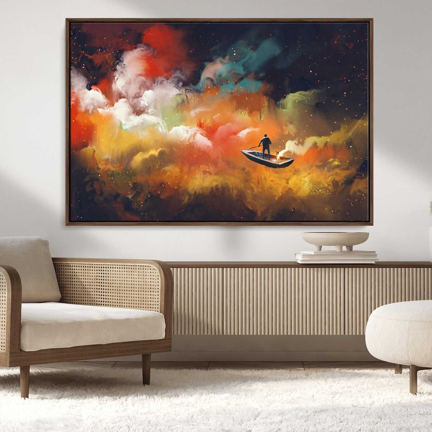 45085-MGV-CV-36X24-Surreal Cosmic Wall Art – Abstract Galaxy Dreamscape Canvas Print with Man and Dog in Boat, Fantasy Nebula Painting for Living