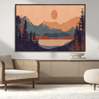 62795-MGV-CV-36X24-Minimalist Mountain Landscape Wall Art – Abstract Sunset Over Peaks and Pine Trees Canvas Print, Modern Nature Decor for Living