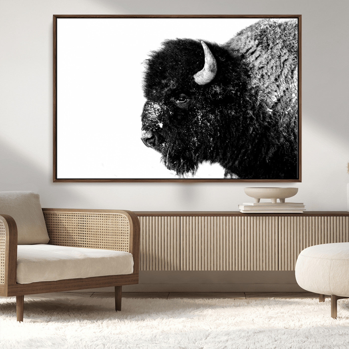 68780-MGV-FC-36X24_Walnut-Bison Close-Up Wall Art – Black and White Buffalo Canvas Print, Rustic Wildlife Photography Decor for Living Room, Office, or