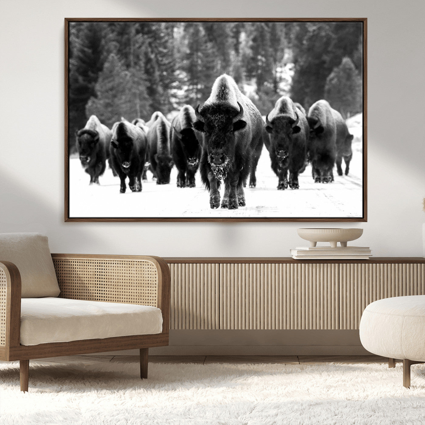 62434-MGV-CV-36X24-Bison Herd Wall Art – Majestic Black and White Buffalo Canvas Print, Wildlife Nature Photography Decor for Living Room, Office or