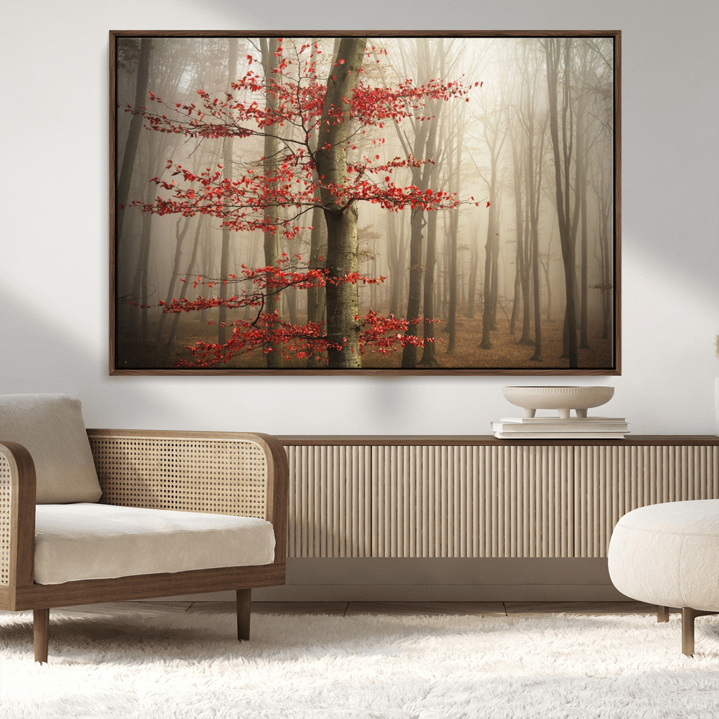 61855-MGV-CV-36X24-Misty Forest Wall Art – Red Tree with Autumn Leaves Canvas Print, Moody Woodland Nature Decor for Living Room, Bedroom, or Office