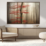 61855-MGV-CV-36X24-Misty Forest Wall Art – Red Tree with Autumn Leaves Canvas Print, Moody Woodland Nature Decor for Living Room, Bedroom, or Office