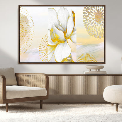 82301-MGV-CV-36X24-Modern Floral Wall Art – White Flower with Gold Detailing Canvas Print, Elegant Abstract Artwork for Living Room, Bedroom, or