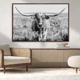 77320-MGV-CV-36X24-Texas Longhorn Wall Art – Black and White Western Cattle Canvas Print, Rustic Farmhouse Animal Photography Decor for Living Room,
