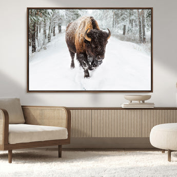 10109-MGV-CV-36X24-Majestic Bison Winter Wall Art – Snowy Forest Buffalo Canvas Print, Rustic Wildlife Photography Decor for Cabin, Lodge, Living