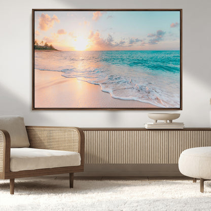 36554-MGV-CV-36X24-Tropical Beach Sunset Wall Art – Ocean Waves and Palm Canvas Print, Coastal Seascape Photography Decor for Living Room, Bedroom,