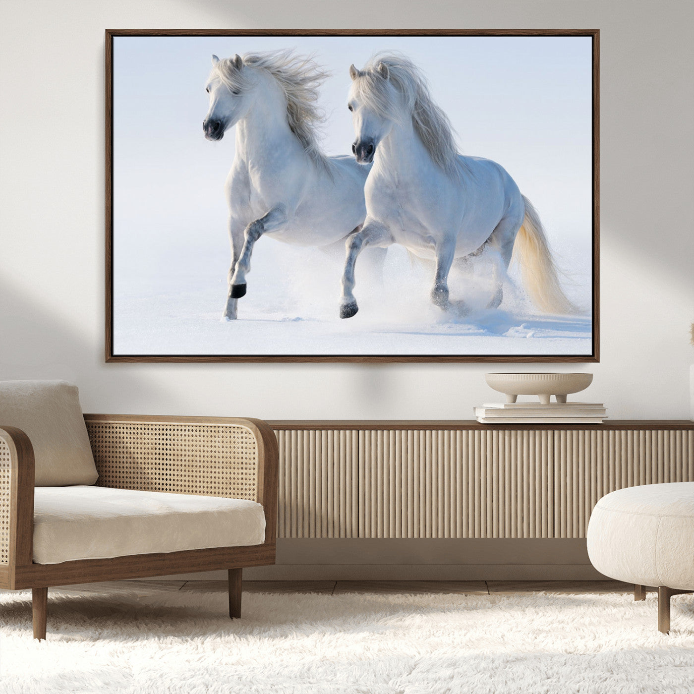 80145-MGV-CV-36X24-White Horses Running Snow Wall Art – Majestic Equine Canvas Print, Winter Nature Photography Decor for Living Room, Office,