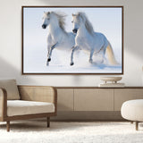 80145-MGV-CV-36X24-White Horses Running Snow Wall Art – Majestic Equine Canvas Print, Winter Nature Photography Decor for Living Room, Office,