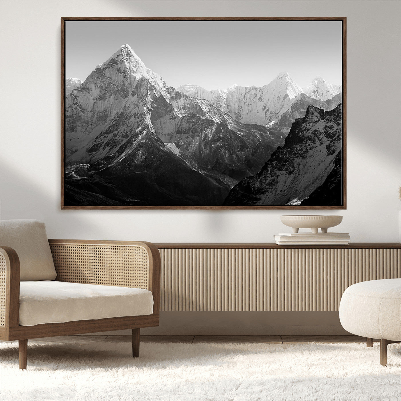 10775-MGV-CV-36X24-Snow Capped Mountain Wall Art – Black and White Canvas Print of Majestic Peaks, Nature Landscape Photography for Office, Bedroom,