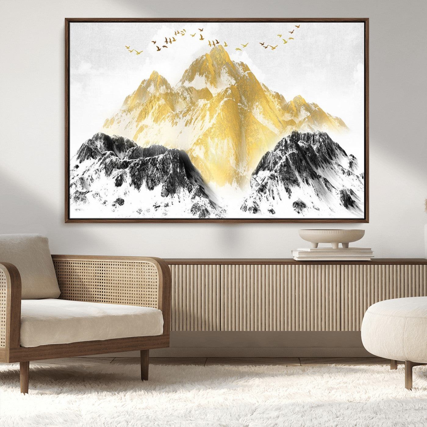 37733-MGV-CV-36X24-Golden Mountain Wall Art – Modern Abstract Landscape Canvas Print with Birds, Luxury Nature Decor for Living Room, Bedroom, or