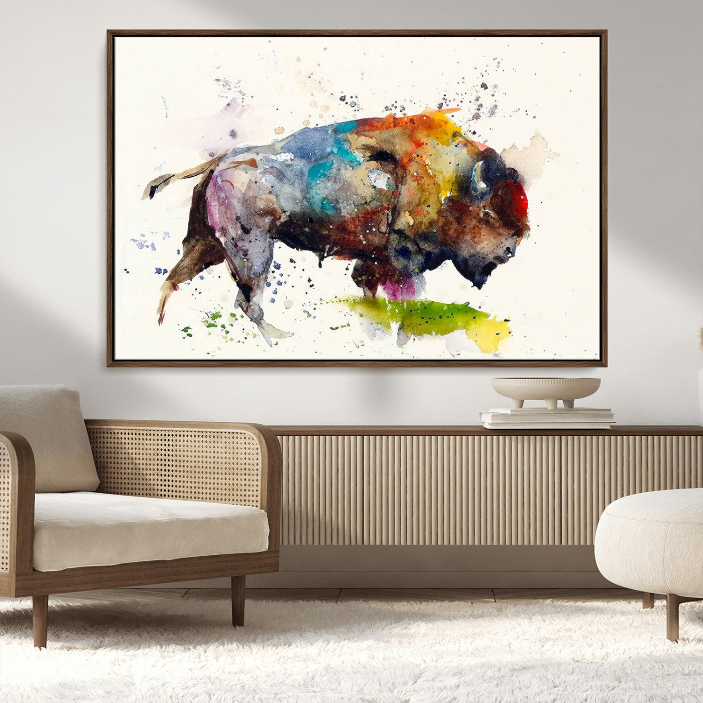 44504-MGV-CV-36X24-Buffalo Watercolor Wall Art – Abstract Bison Canvas Print, Rustic Wildlife Decor for Living Room, Office, Cabin, Man Cave or
