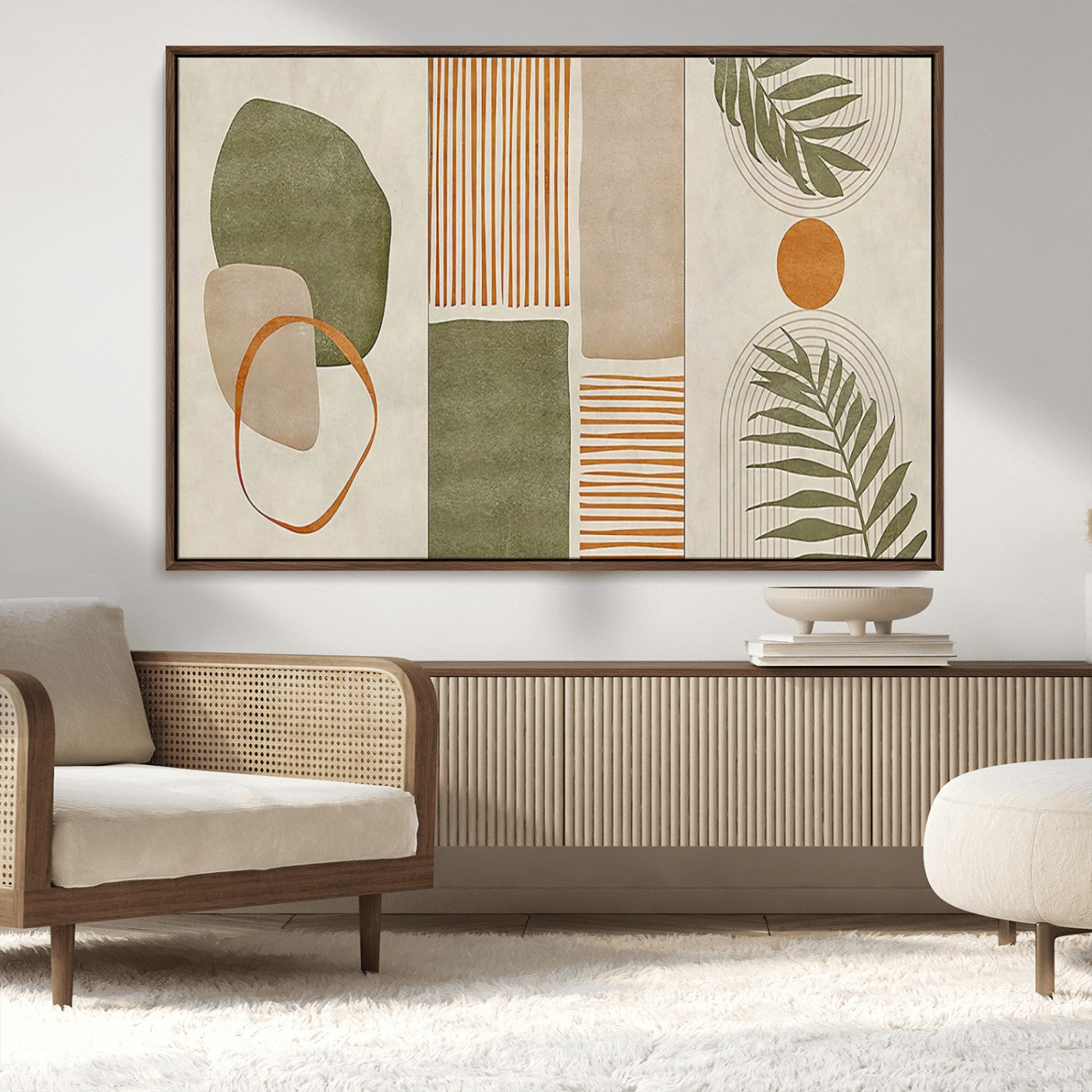 96002-MGV-CV-36X24-Abstract Geometric Wall Art – Modern Canvas Print with Green, Orange & Beige Shapes, Minimalist Home Decor for Living Room, Office