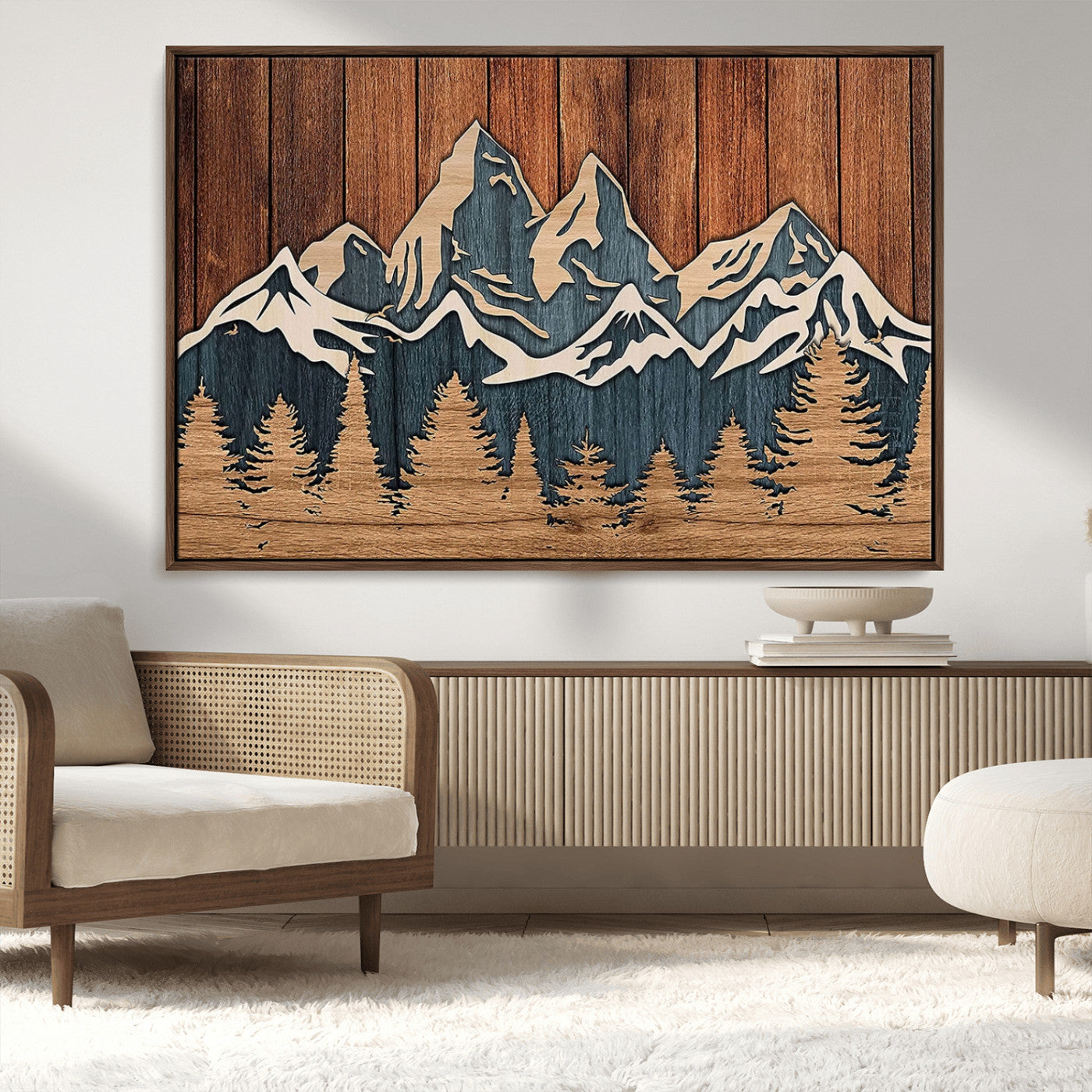 41330-MGV-CV-36X24-Rustic Mountain Wall Art – Wooden Nature Scene with Trees and Peaks, Handmade 3D Layered Decor for Living Room, Cabin or Office