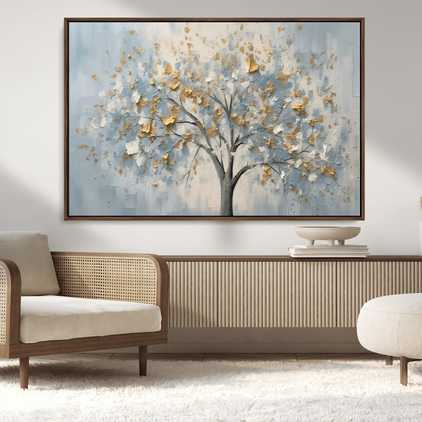 65811-MGV-CV-36X24-Abstract Tree Wall Art – Textured Canvas Painting with Gold and White Leaves, Modern Nature Inspired Decor for Living Room or