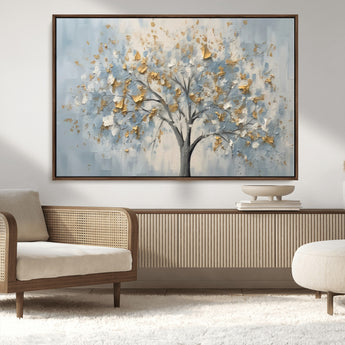 65811-MGV-CV-36X24-Abstract Tree Wall Art – Textured Canvas Painting with Gold and White Leaves, Modern Nature Inspired Decor for Living Room or