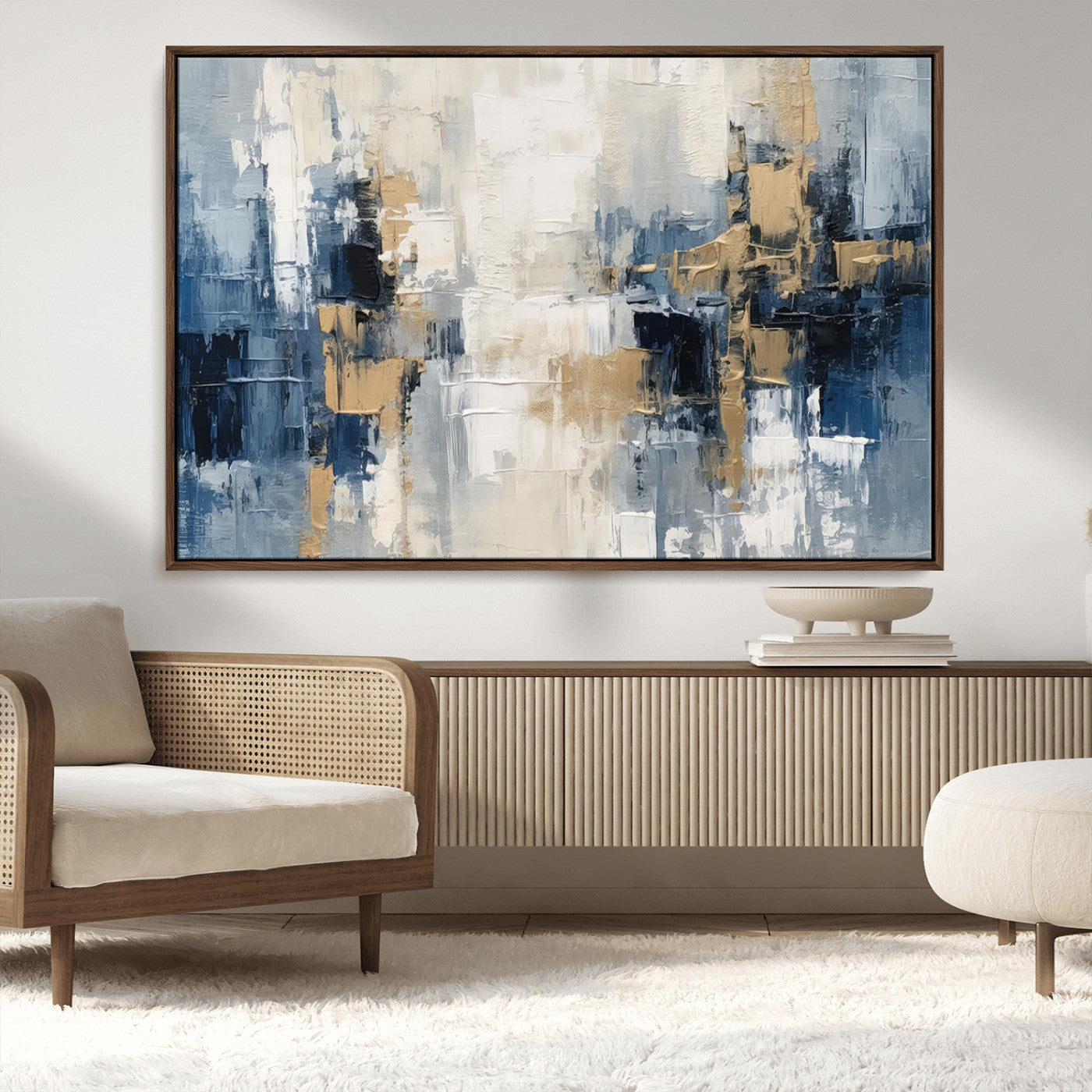 44344-MGV-CV-36X24-Abstract Blue and Gold Wall Art – Modern Hand Painted Canvas Print, Contemporary Textured Painting for Living Room, Bedroom or