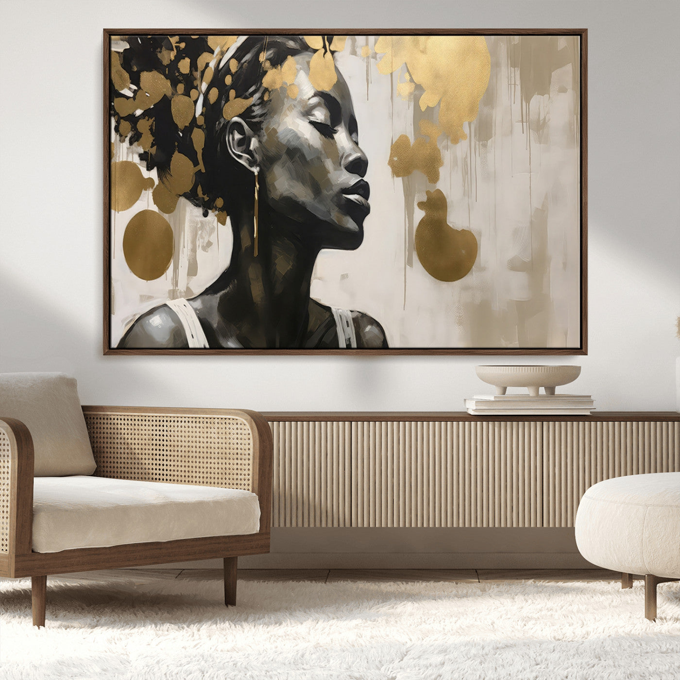 65669-MGV-CV-36X24-Elegant Black Woman Wall Art – Modern Abstract Portrait Canvas with Gold Accents, Contemporary Afrocentric Decor for Living Room