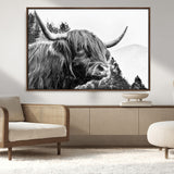 61570-MGV-CV-36X24-Highland Cow Wall Art – Black and White Scottish Bull Canvas Print, Rustic Farmhouse Animal Decor for Living Room, Bedroom, or