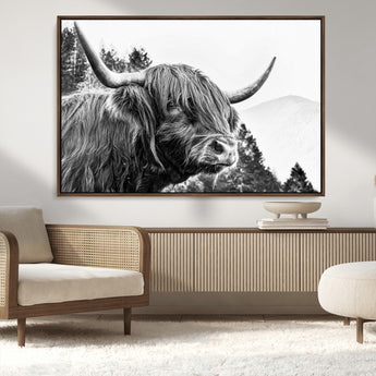 61570-MGV-CV-36X24-Highland Cow Wall Art – Black and White Scottish Bull Canvas Print, Rustic Farmhouse Animal Decor for Living Room, Bedroom, or