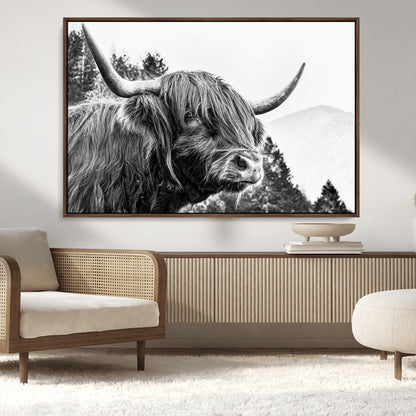 61570-MGV-CV-36X24-Highland Cow Wall Art – Black and White Scottish Bull Canvas Print, Rustic Farmhouse Animal Decor for Living Room, Bedroom, or