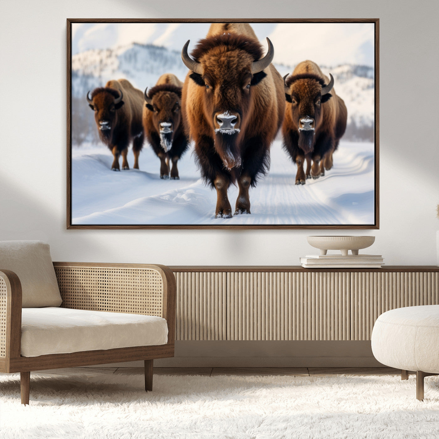 56701-MGV-CV-36X24-Bison Herd Wall Art – Buffalo Walking in Snowy Mountains Canvas Print, Rustic Wildlife Decor for Cabin, Lodge, or Living Room