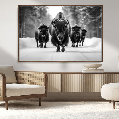 45287-MGV-CV-36X24-Bison Herd Wall Art – Black and White Buffalo Snow Road Canvas Print, Rustic Wildlife Decor for Cabin, Lodge or Living Room
