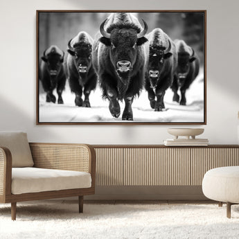 79872-MGV-CV-36X24-Bison Herd Wall Art – Black and White Buffalo on Snow Canvas Print, Rustic Wildlife Decor for Lodge, Cabin, or Living Room