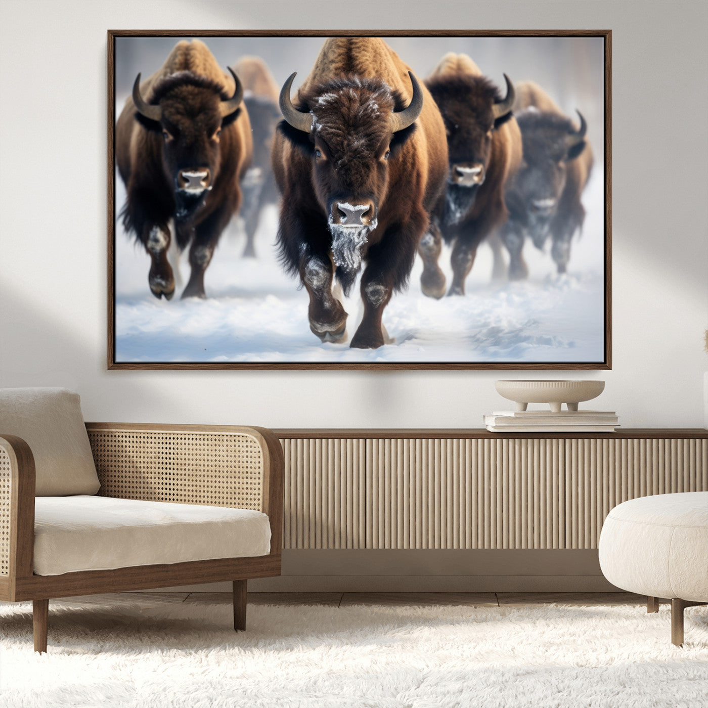 80512-MGV-CV-36X24-Bison Herd Wall Art – Buffalo Running in Snow Canvas Print, Rustic Wildlife Photography Decor for Cabin, Lodge, or Living Room