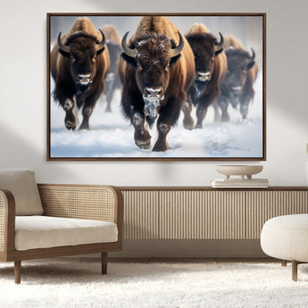 80512-MGV-CV-36X24-Bison Herd Wall Art – Buffalo Running in Snow Canvas Print, Rustic Wildlife Photography Decor for Cabin, Lodge, or Living Room