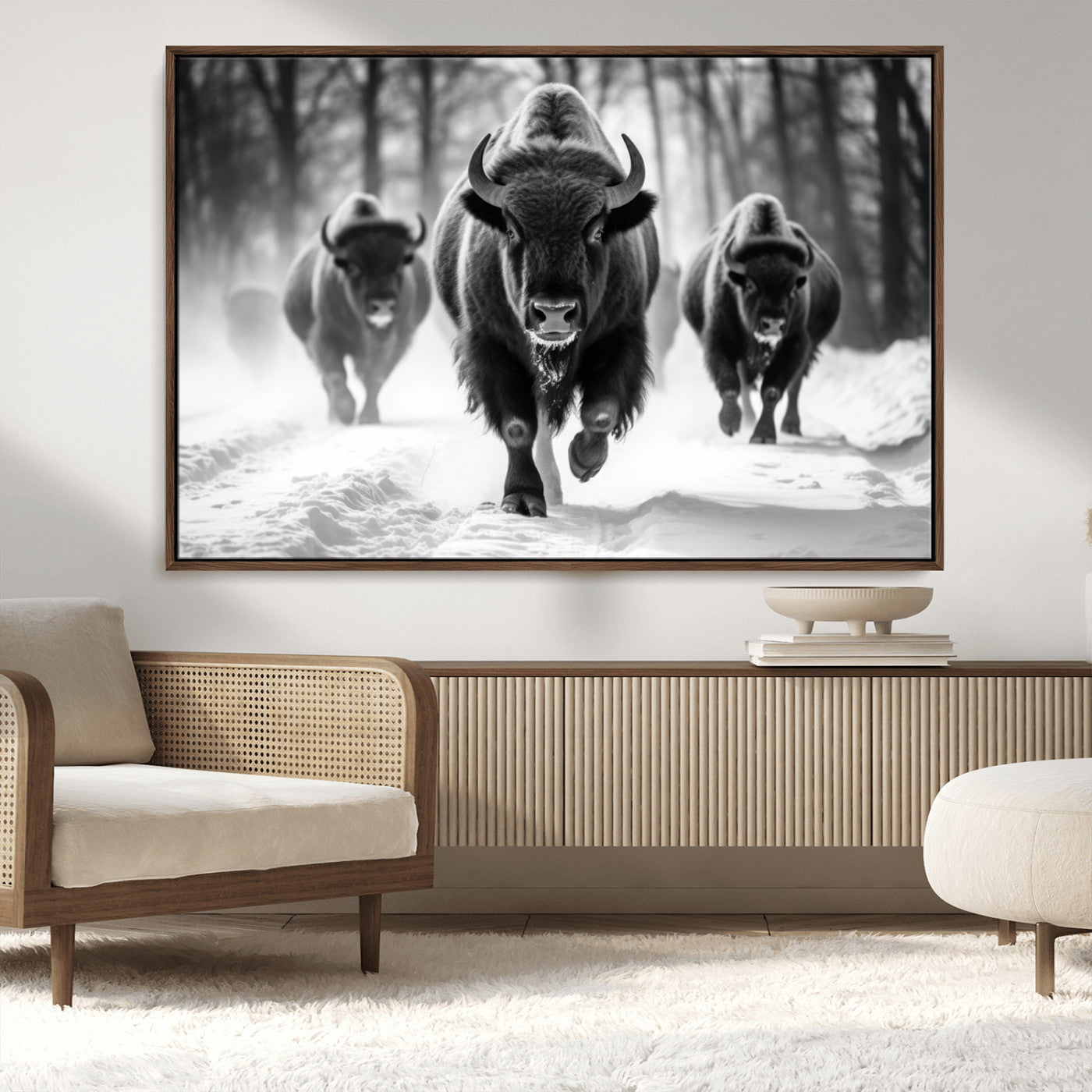 97552-MGV-CV-36X24-Black and White Bison Wall Art – Buffalo Herd Running in Snow Canvas Print, Rustic Wildlife Photography Decor for Cabin, Lodge, or