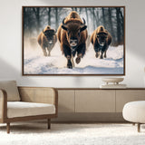 56549-MGV-CV-36X24-Wild Bison Wall Art – Majestic Buffalo Herd Running in Snow Canvas Print, Rustic Wildlife Photography Decor for Cabin, Lodge, or