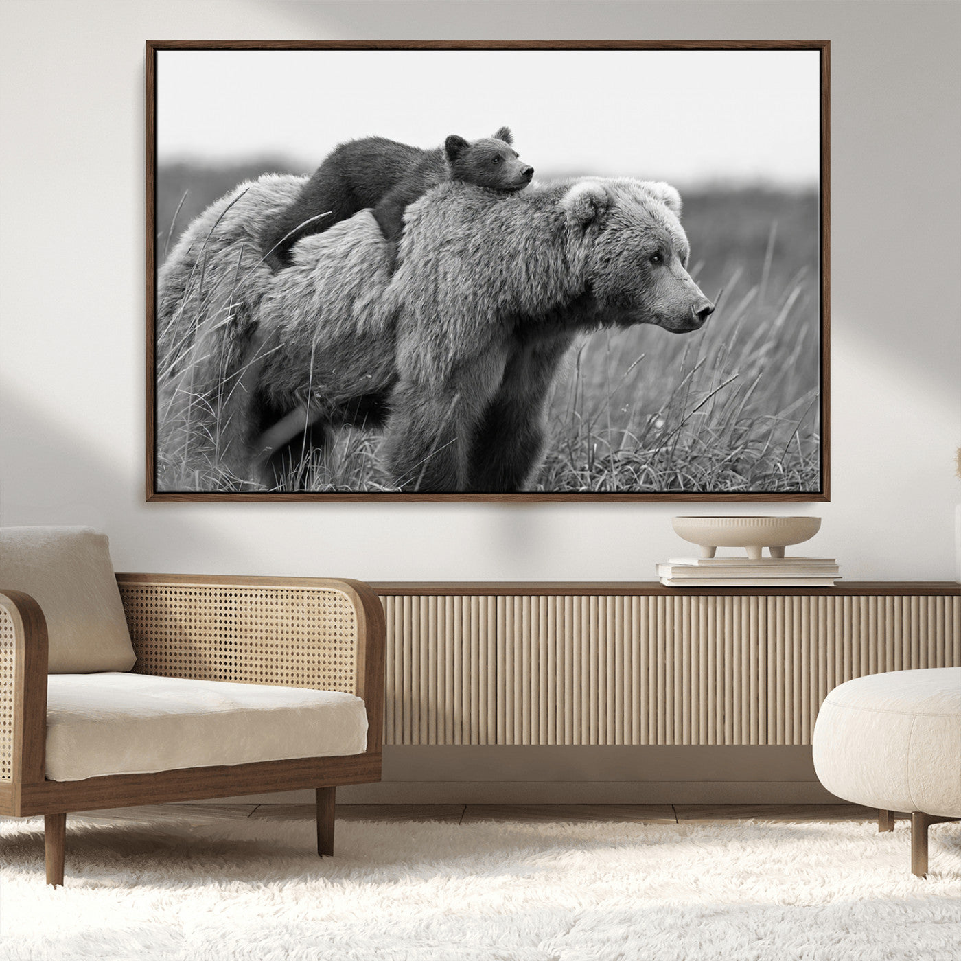 76338-MGV-FC-36X24_Walnut-Mother Bear and Cub Wall Art – Black and White Wildlife Canvas Print, Rustic Nature Photography for Cabin, Living Room or Office
