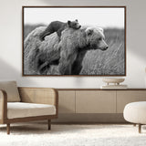 76338-MGV-FC-36X24_Walnut-Mother Bear and Cub Wall Art – Black and White Wildlife Canvas Print, Rustic Nature Photography for Cabin, Living Room or Office