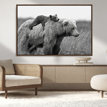 76338-MGV-FC-36X24_Walnut-Mother Bear and Cub Wall Art – Black and White Wildlife Canvas Print, Rustic Nature Photography for Cabin, Living Room or Office