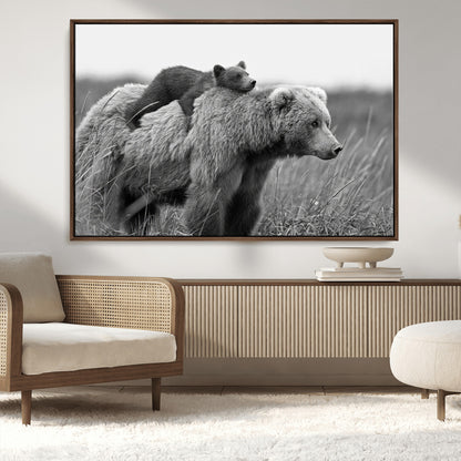 76338-MGV-FC-36X24_Walnut-Mother Bear and Cub Wall Art – Black and White Wildlife Canvas Print, Rustic Nature Photography for Cabin, Living Room or Office