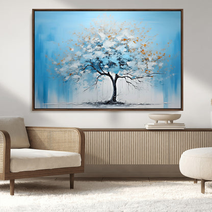 25021-MGV-CV-36X24-Abstract Tree Wall Art – Blue and White Canvas Painting with Gold Accents, Modern Nature-Inspired Artwork for Living Room, Bedroom