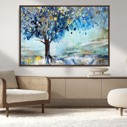 17018-MGV-CV-36X24-Abstract Blue Tree Wall Art – Colorful Canvas Painting with Gold and Silver Accents, Modern Nature Artwork for Living Room,