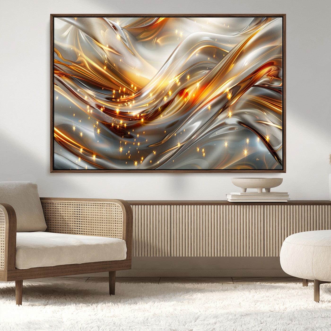 Lines1-MGV-CV-36X24-Abstract Metallic Wall Art – Silver and Gold Wave Canvas Print with Sparkling Accents, Modern Luxury Decor for Living Room, Office