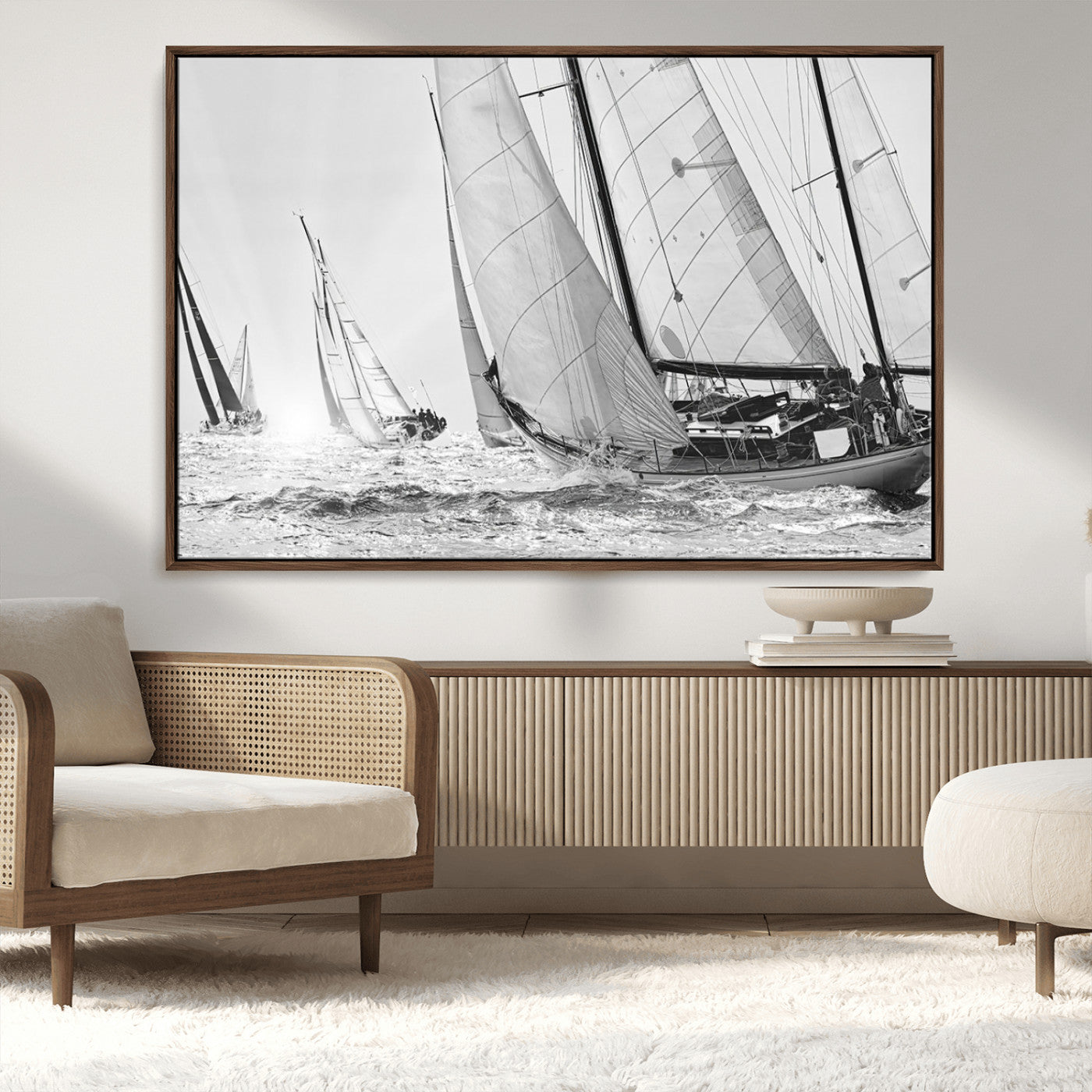 Boat-1-MGV-CV-36X24-Sailboat Racing Wall Art – Nautical Black and White Canvas Print, Ocean Adventure Decor for Office, Living Room or Bedroom