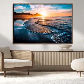 26494-MGV-CV-36X24-Ocean Sunset Wall Art – Scenic Beach Canvas Print with Waves and Mountains, Coastal Seascape Photography for Living Room, Bedroom