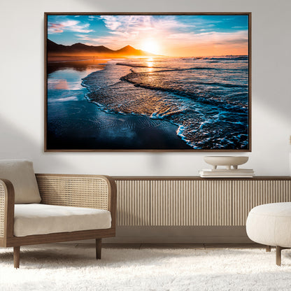 26494-MGV-CV-36X24-Ocean Sunset Wall Art – Scenic Beach Canvas Print with Waves and Mountains, Coastal Seascape Photography for Living Room, Bedroom