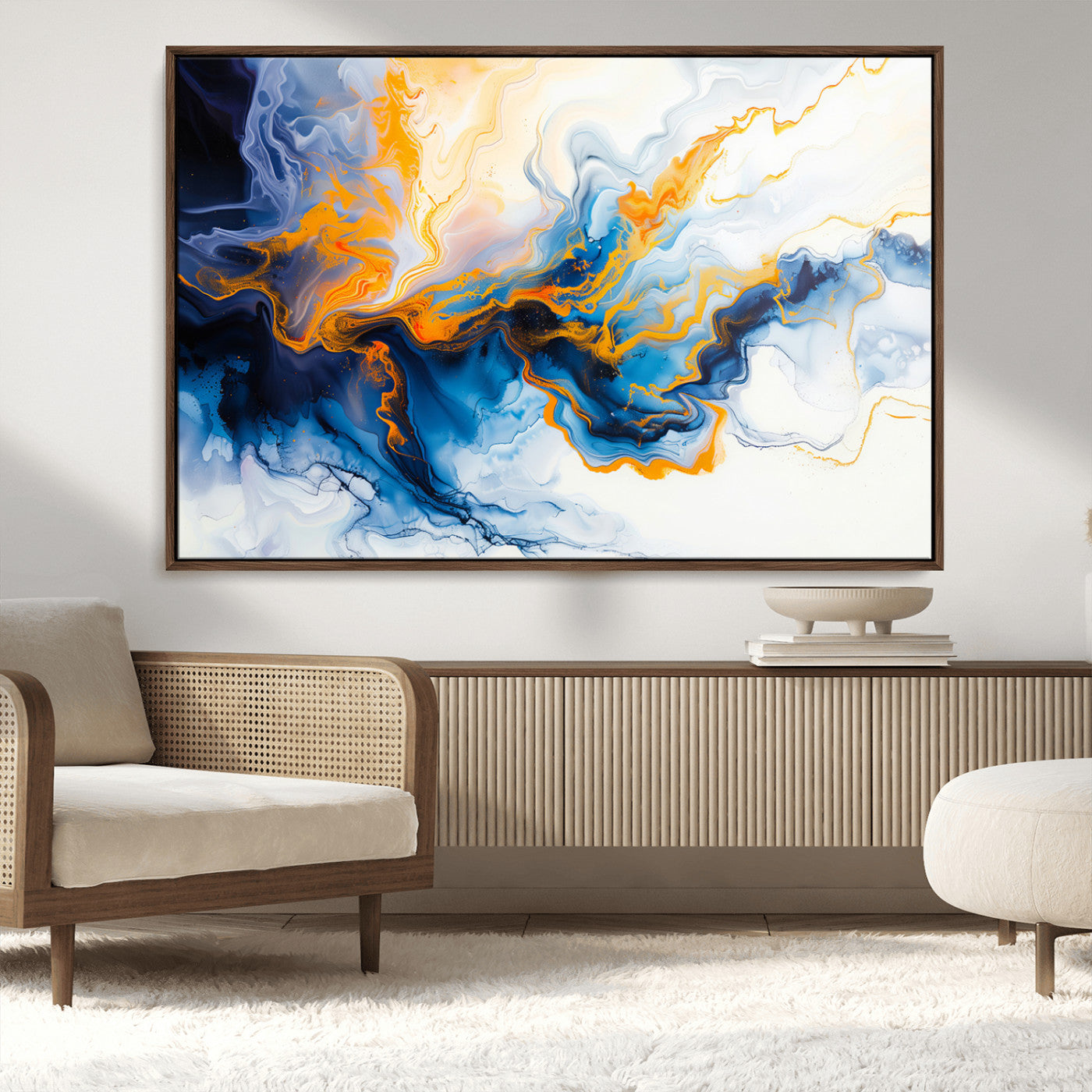 83720-MGV-CV-36X24-Abstract Fluid Wall Art – Blue, White and Gold Swirl Canvas Painting, Modern Contemporary Artwork for Living Room, Bedroom or