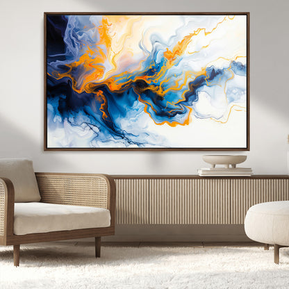 83720-MGV-CV-36X24-Abstract Fluid Wall Art – Blue, White and Gold Swirl Canvas Painting, Modern Contemporary Artwork for Living Room, Bedroom or