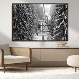 19240-MGV-CV-36X24-Ski Lift Wall Art – Black and White Winter Mountain Canvas Print, Snowy Forest Ski Resort Photography for Cabin, Lodge, Office or