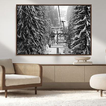 19240-MGV-CV-36X24-Ski Lift Wall Art – Black and White Winter Mountain Canvas Print, Snowy Forest Ski Resort Photography for Cabin, Lodge, Office or