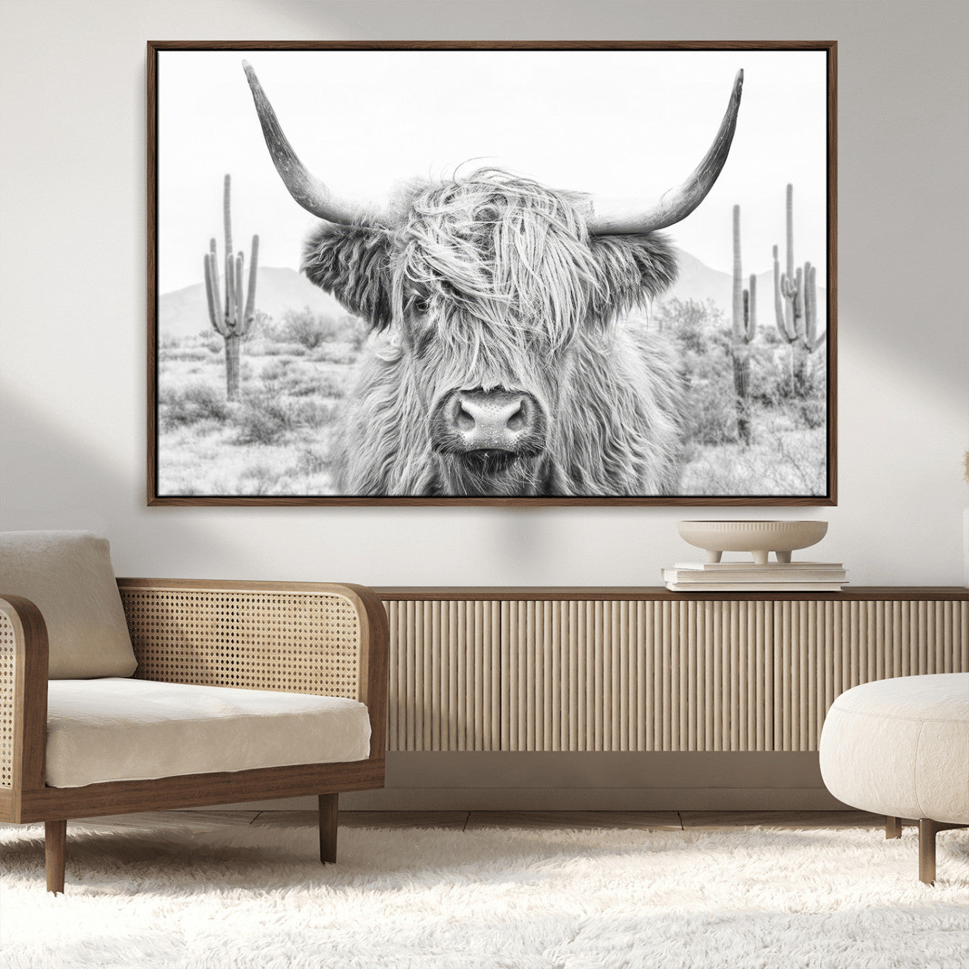 94579-MGV-CV-36X24-Highland Cow Wall Art – Black and White Longhorn Canvas Print, Rustic Western Farmhouse Animal Photography for Living Room,