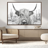 94579-MGV-CV-36X24-Highland Cow Wall Art – Black and White Longhorn Canvas Print, Rustic Western Farmhouse Animal Photography for Living Room,